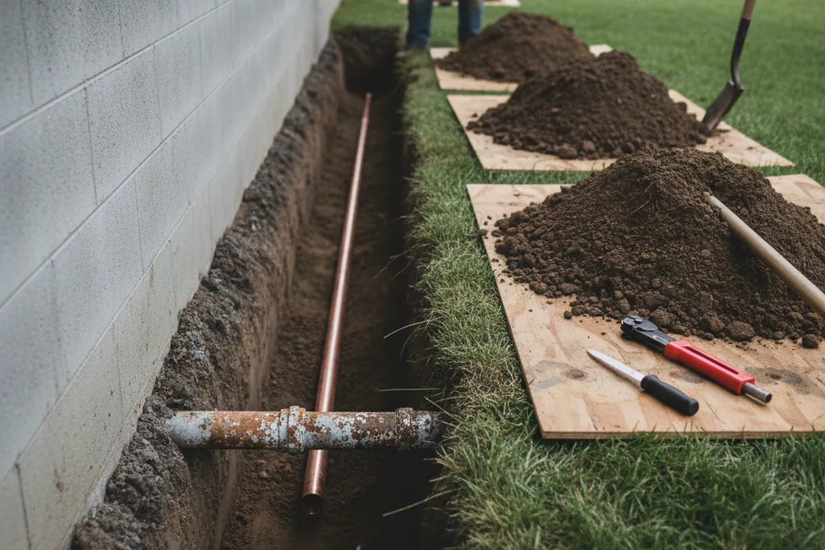 Excavated water line trench during Water Softener Installation in Colton